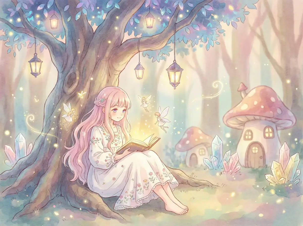 年轻的老师1观看 - 魔法森林中阅读故事书的粉发少女与精灵